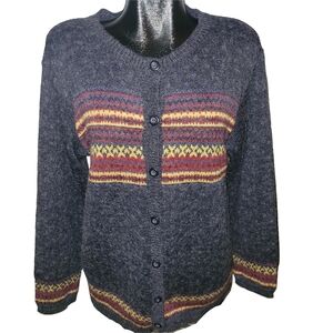 Vintage 90's Tag Blue Fair Isle Nordic Style Wool Blend Knit Button-Up Sweater L